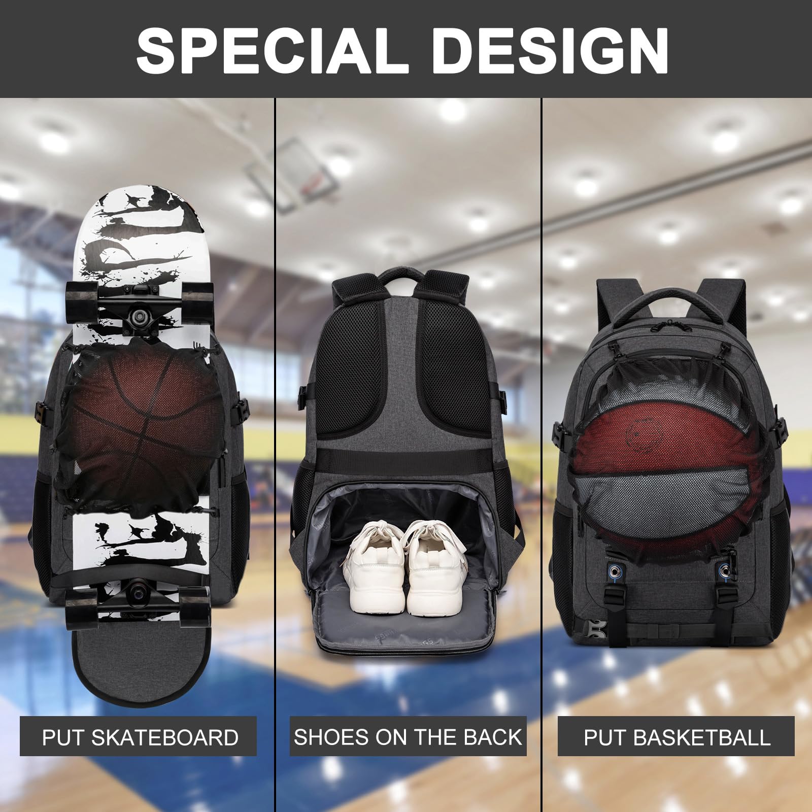 RUCYEN Sac à dos pour skateboard, ordinateur portable avec port de charge USB, convient pour ordinateur portable jusqu'à 15,6", pour les voyages, gris foncé, 15.6, Sports