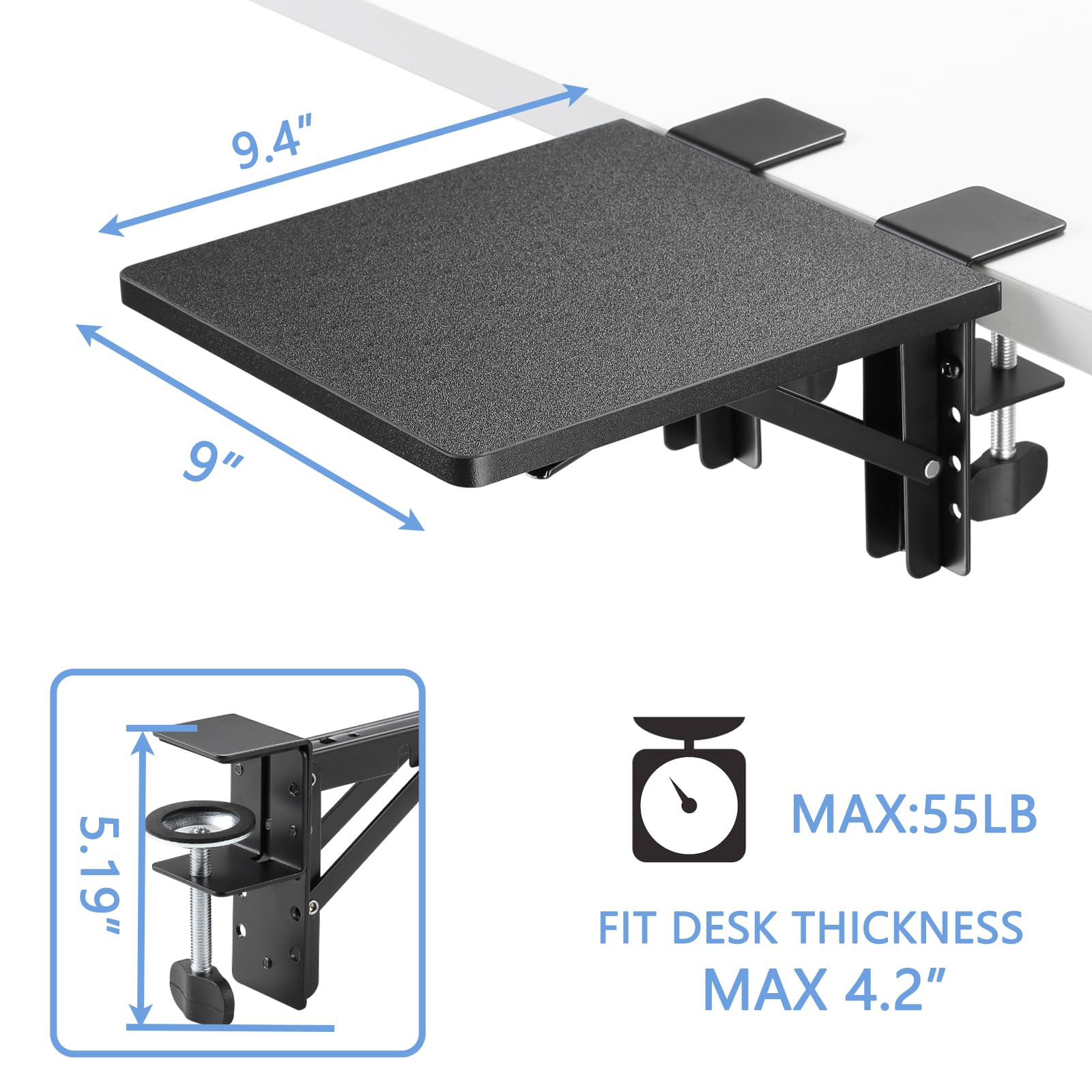 ETHU Vassoio estensibile da scrivania, 23,9 x 23,1 cm, poggiapolsi ergonomico per scrivania, pieghevole, per tastiera, cassetto, con morsetto, facile da installare, supporto per bracciolo per casa e