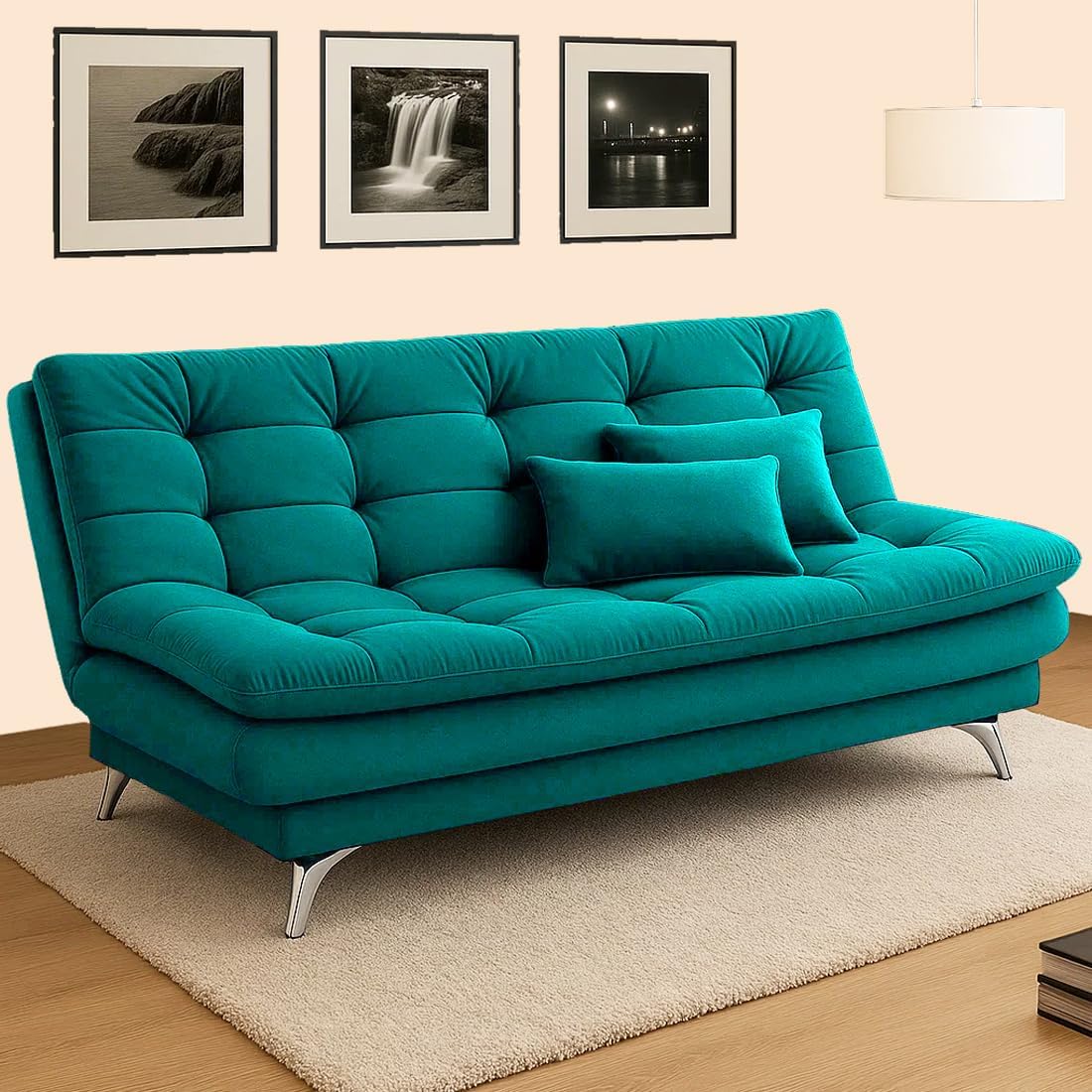 Sleepify Agel 3 Seater Fabric Sofa Cum Bed Set with 2 Cushions, Best Fit for Indian Homes, Living Rooms, Offices (Aqua Blue Color) with Velevt Fabric-image-31