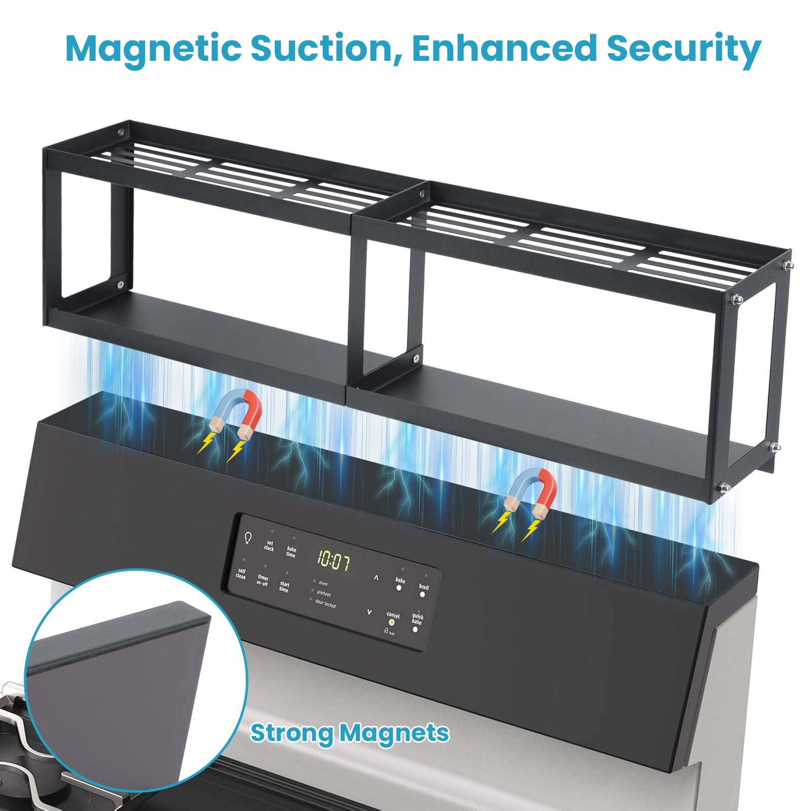 OTraki Étagère à épices magnétique à 2 niveaux pour cuisinière avec 2 tapis antidérapants - Organiseur d'assaisonnement au-dessus de la cuisinière avec 4 crochets - Étagère magnétique pour
