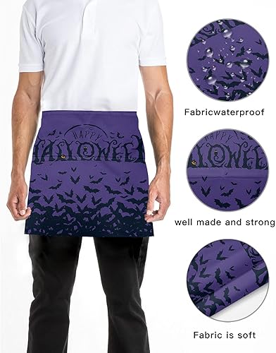 Miniatura 5 de DecorLovee Delantal de camarera de Halloween con 3 bolsillos, diseño de calabaza negra, impermeable, para cocina, restaurante, media cintura, para