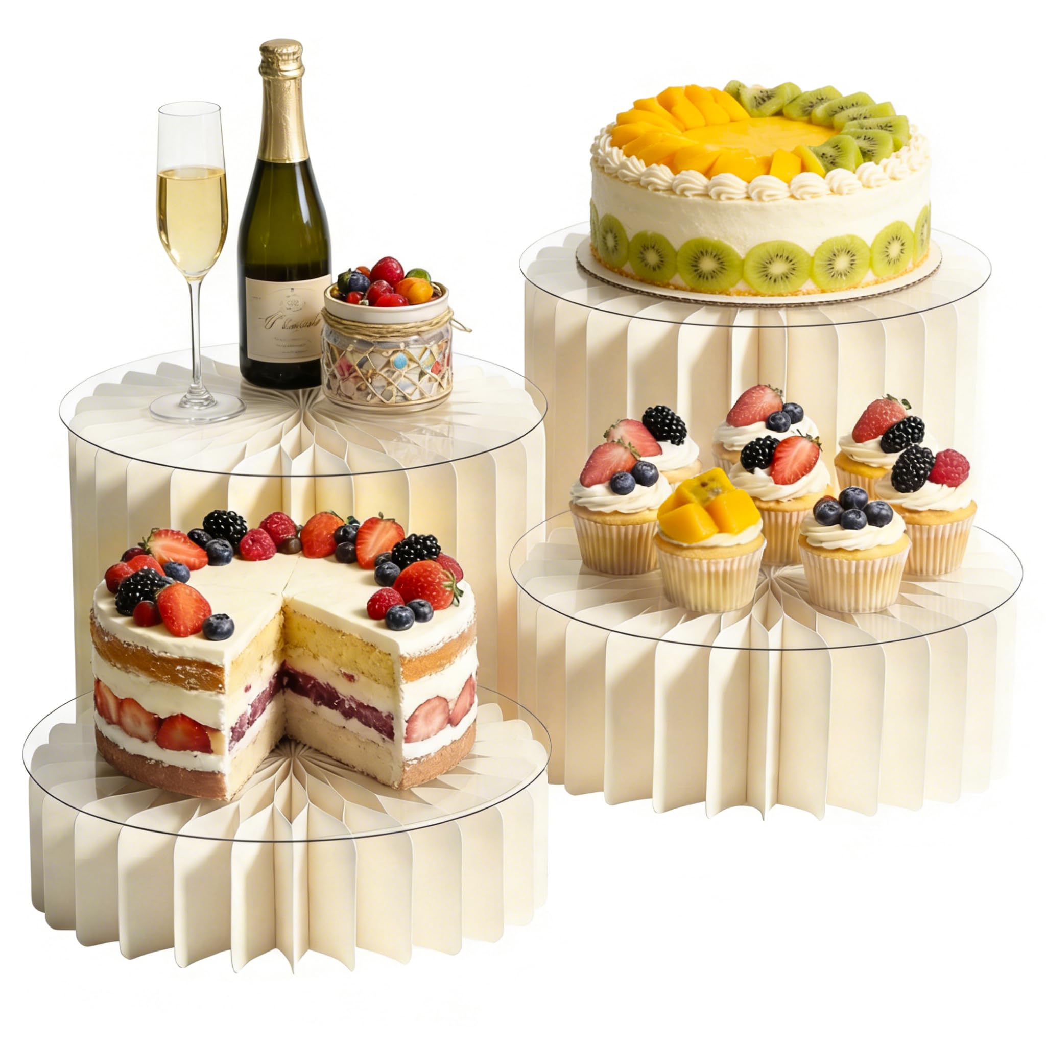 Yekolau 4-Pack Foldable Multi-Height Buffet Risers, White Cardboard Cylinder Stands with Acrylic Plates, Food Buffet Dessert Cake Risers for Wedding Cakes, Dessert Tables, Charcuterie Displays