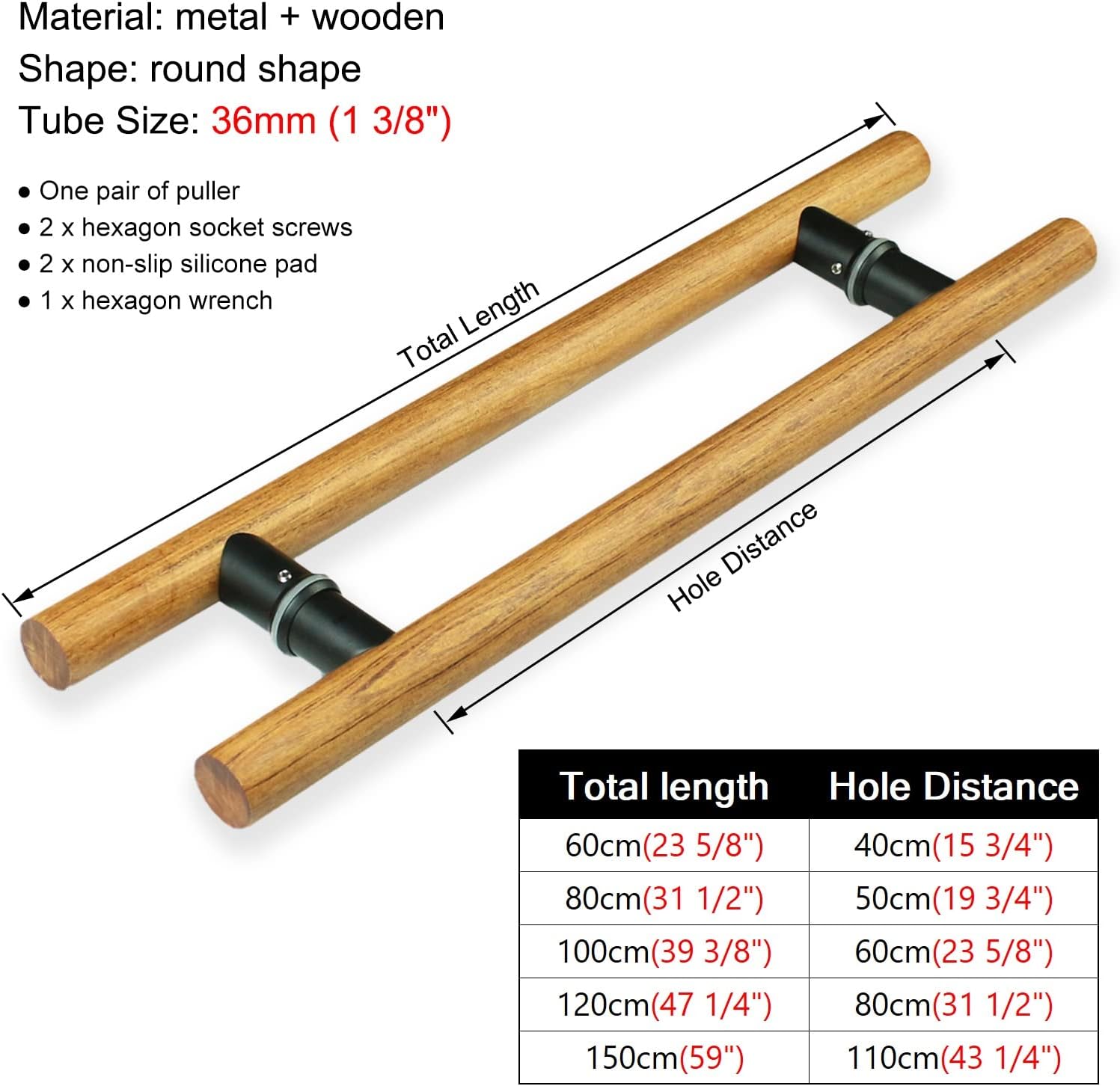 Glass Door Wood Pull Handle, Push Pull Door Bar Handle Set, Long Door Handle for Barn Door, Heavy Duty Double Side Bar Handle(Color:Yellow,Size:60 cm (23 5/8")*40 cm)