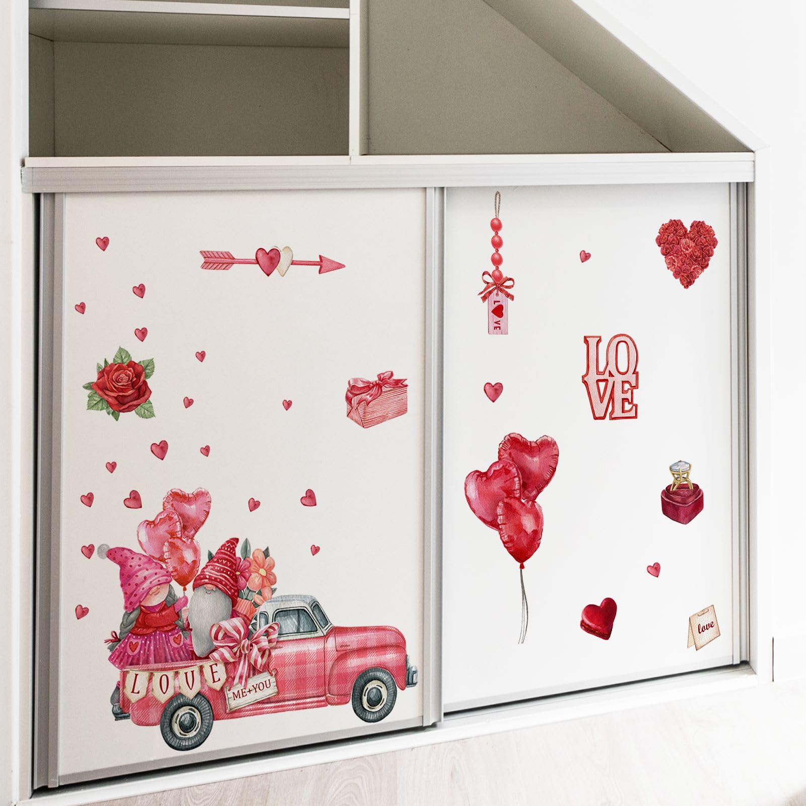 Valentine's Day Wall Decals - Red Truck With Gnome & Balloon Design, Self-Adhesive Vinyl Sticker For Home Decor - View #5