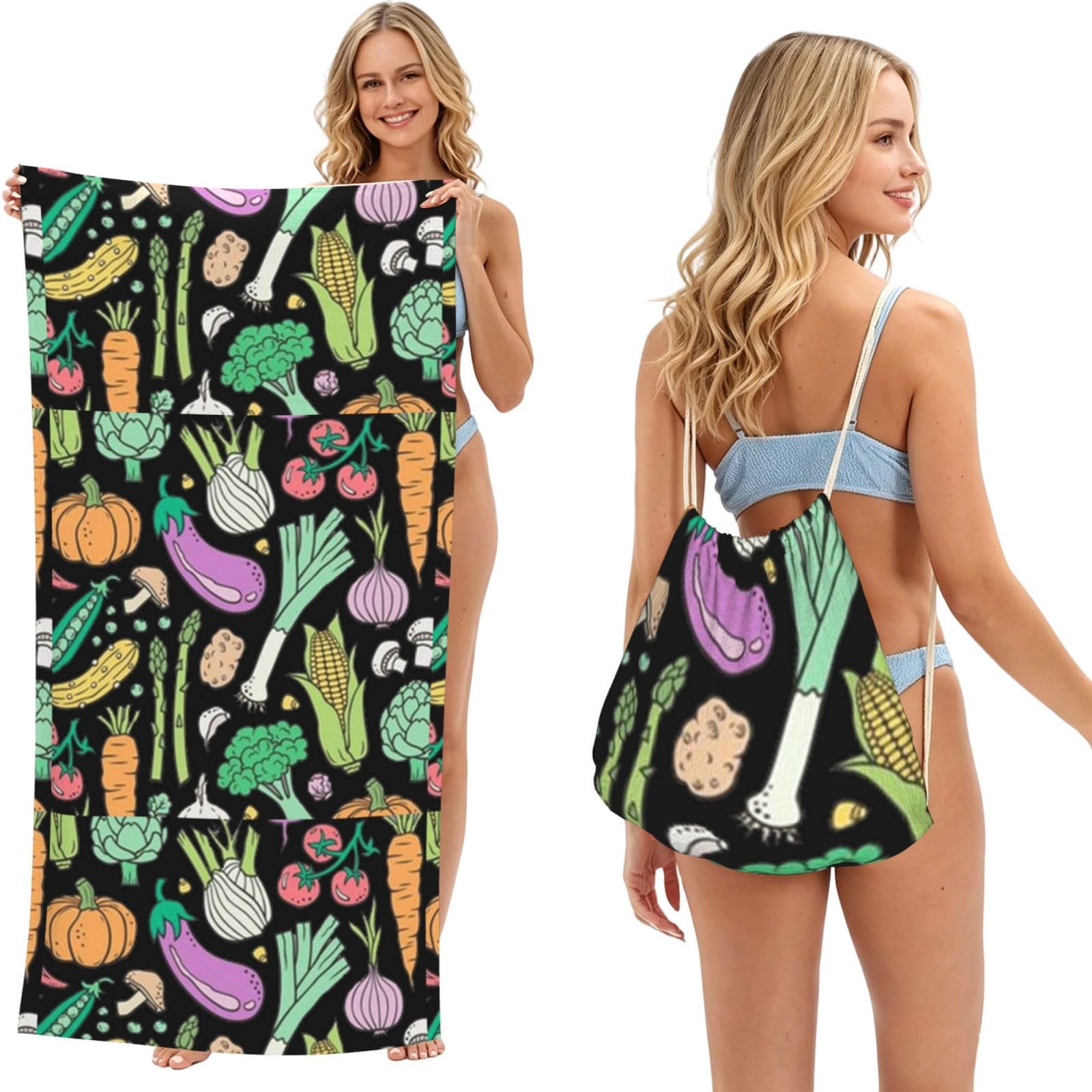 Poadnly As Picture Vegetables Food Doodle On Dark, 2 In 1 Packable Towel Bag, Beach Towels With Drawstring Backpack For Travel Holiday Camping