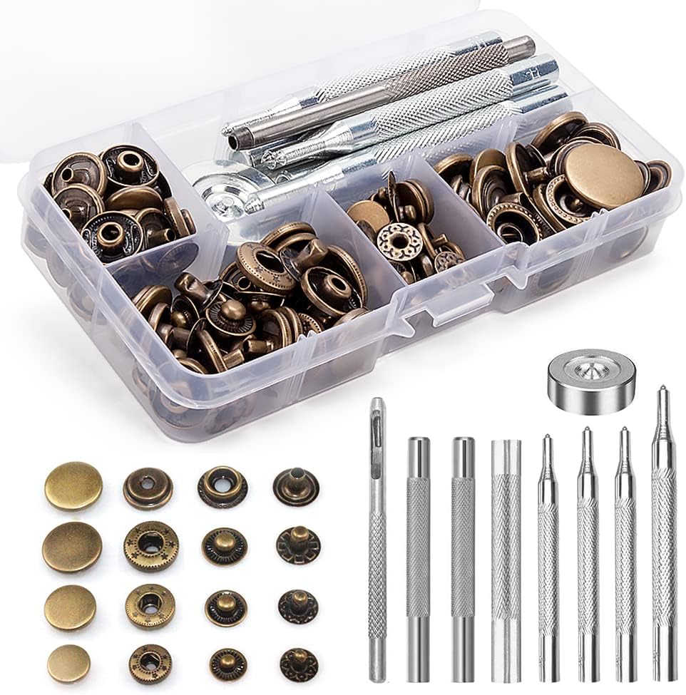 Snap Fasteners Leather Snaps Button Kit Press Studs with 9 Pieces Fixing Tools, Bronze