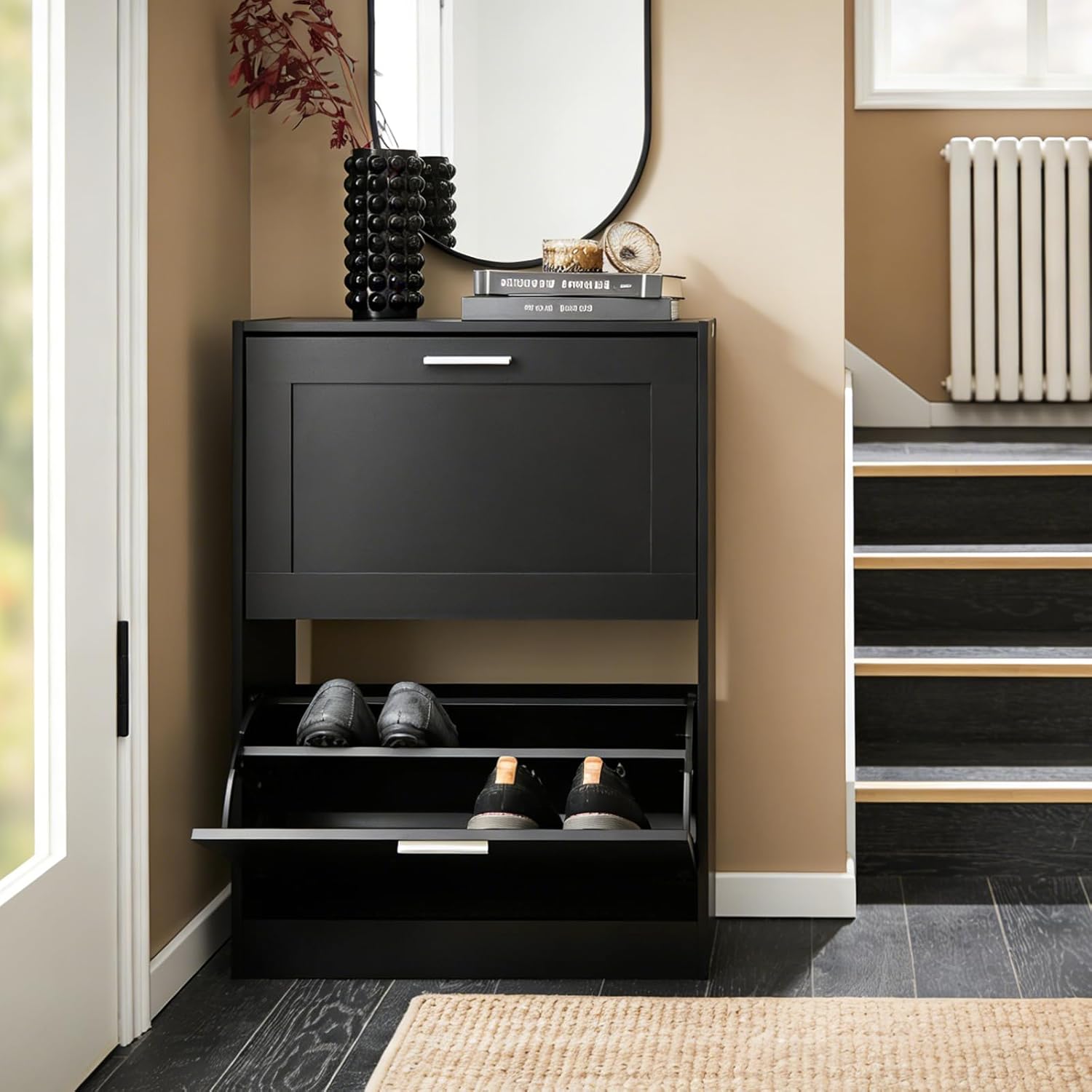 Haotian Shoe Cabinet Storage for Entryway, Narrow Shoe Cabinet with Two Flip Drawers to Save Space, Shoe Rack Cabinet for Front Door Entrance Hallway (Black)