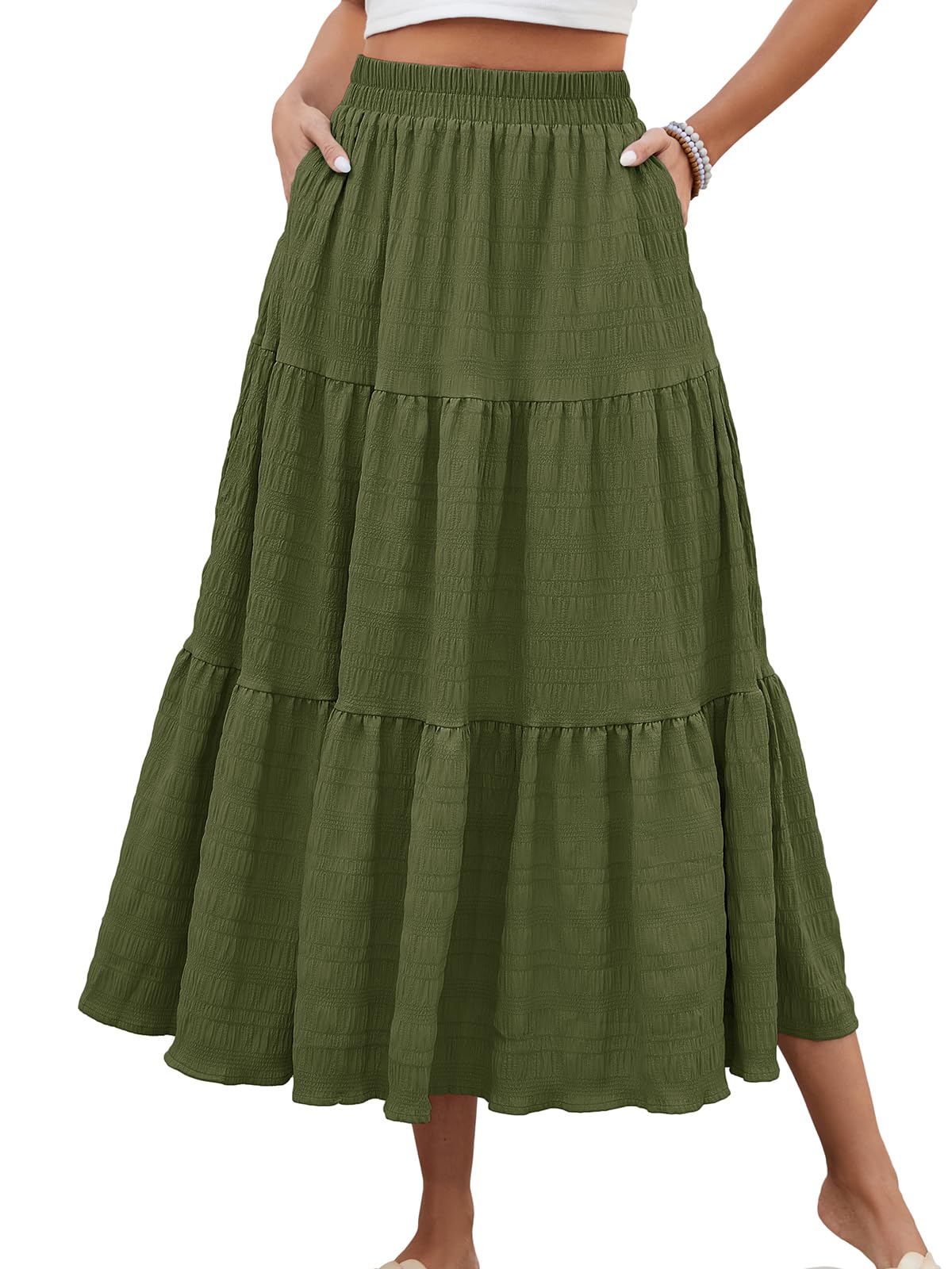 HUSKARY Womens Summer Casual Elegant Smock Layered Tiered Maxi Skirt High Waisted A Line Flowy Long Skirts with
