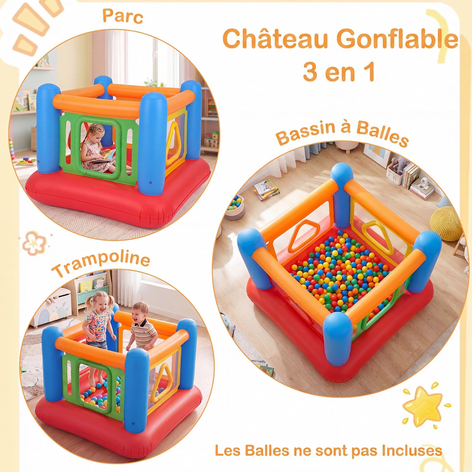 COSTWAY Château Gonflable avec Porte Latérale Géométrique et Trampoline (Bleu)