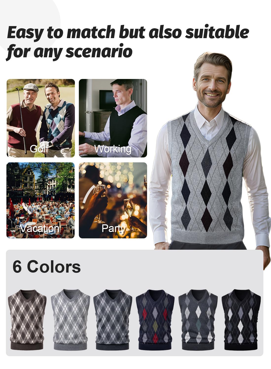 Chaleco de Punto sin Mangas para Hombre V-Cuello a Grueso Cuadros Negocios Jerséis Chaleco Caballero Suéter Chaqueta de Diamante Invierno Otoño