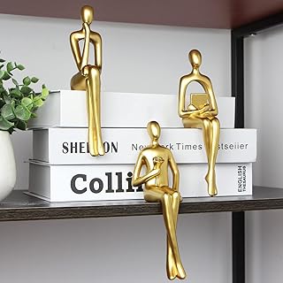 Kilarero 3Pcs Gold Decor Sitting Thinker Statue Abstract Sculpture, Bookshelf Decor Accents Resin Collectible Figurines fo...