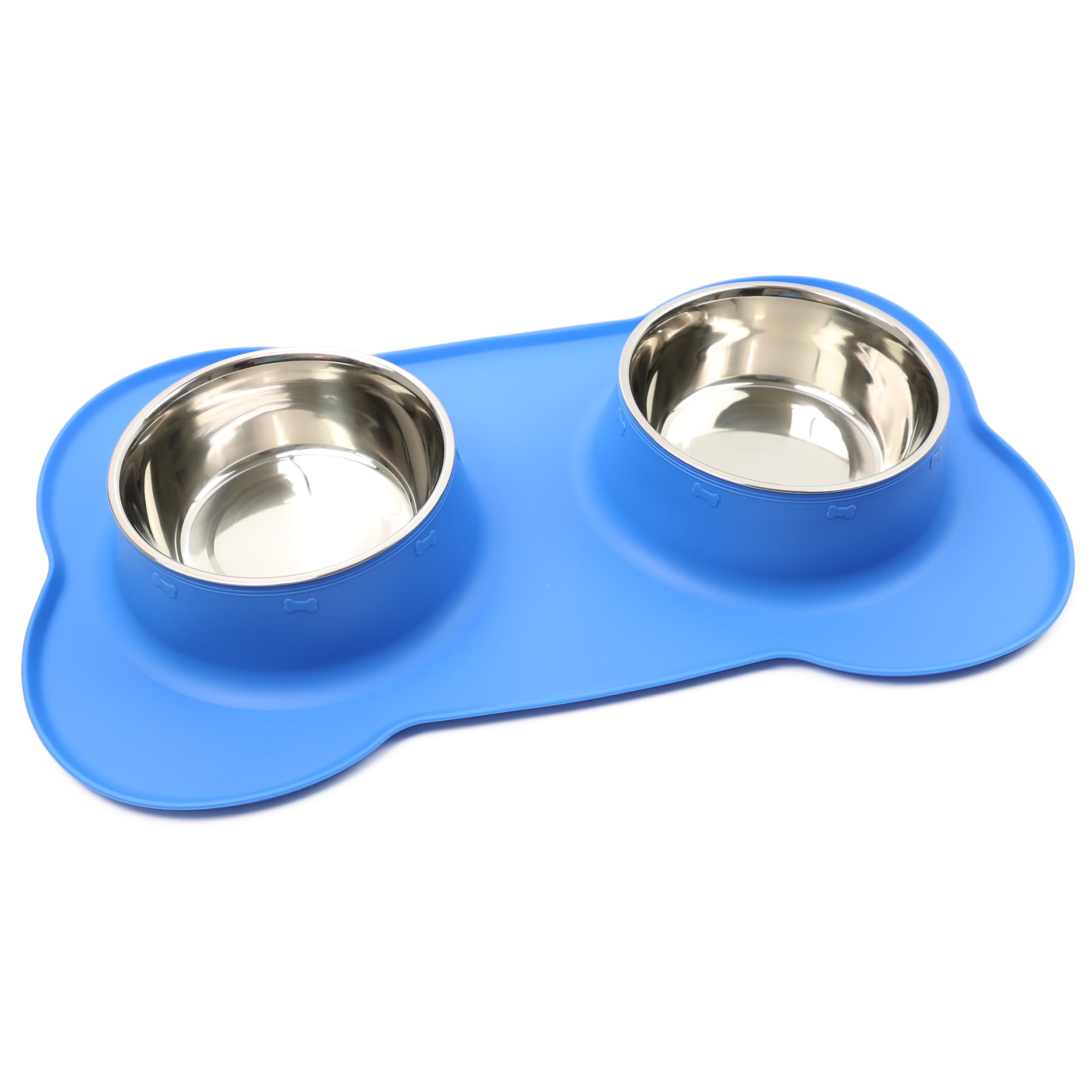 DIVCHI Pets Bowl Food And Drink Double Bowls Set With Silicone Mat Tray For Cats Puppies Small Dogs Feeding (Blue, M)
