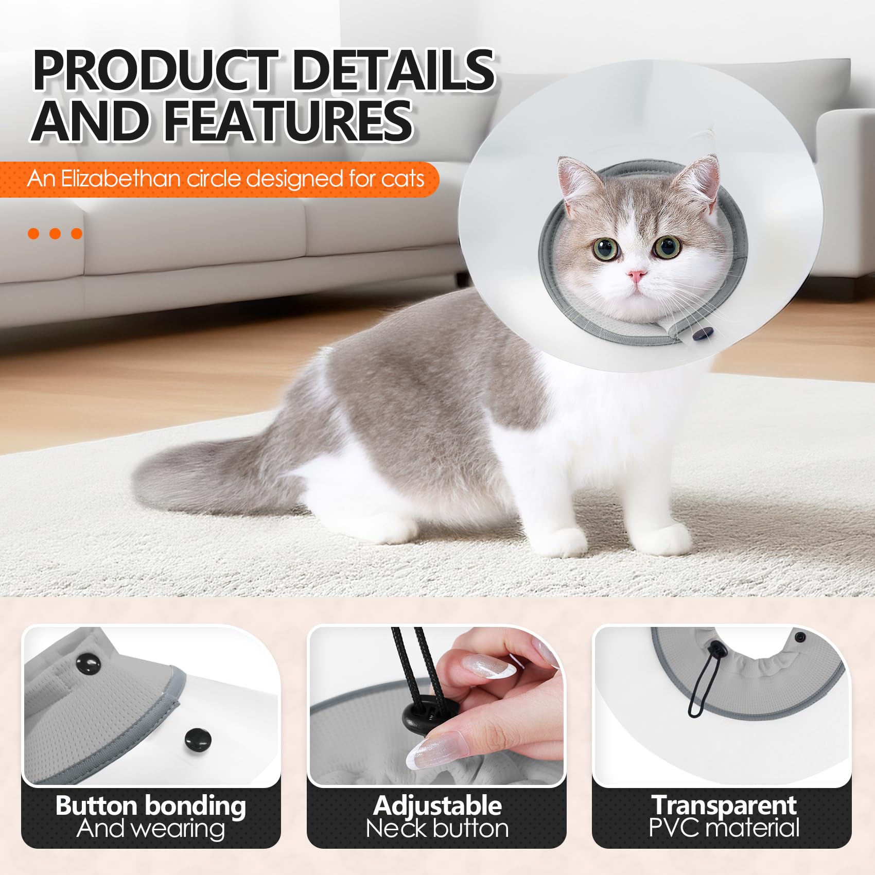 Collar de cono de gato, ajustable, desmontable, PVC, impermeable, collar isabelino, suave para dejar de lamer después de la cirugía, cono de recuperación de mascotas (gris, L)