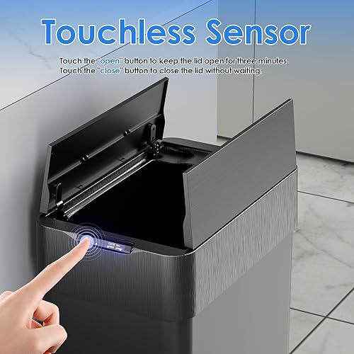 Miniatura 5 de AthLike Basurero automático con sensor de movimiento sin contacto de 16 galones, cubo de basura inteligente con tapa de cierre suave, anillo de