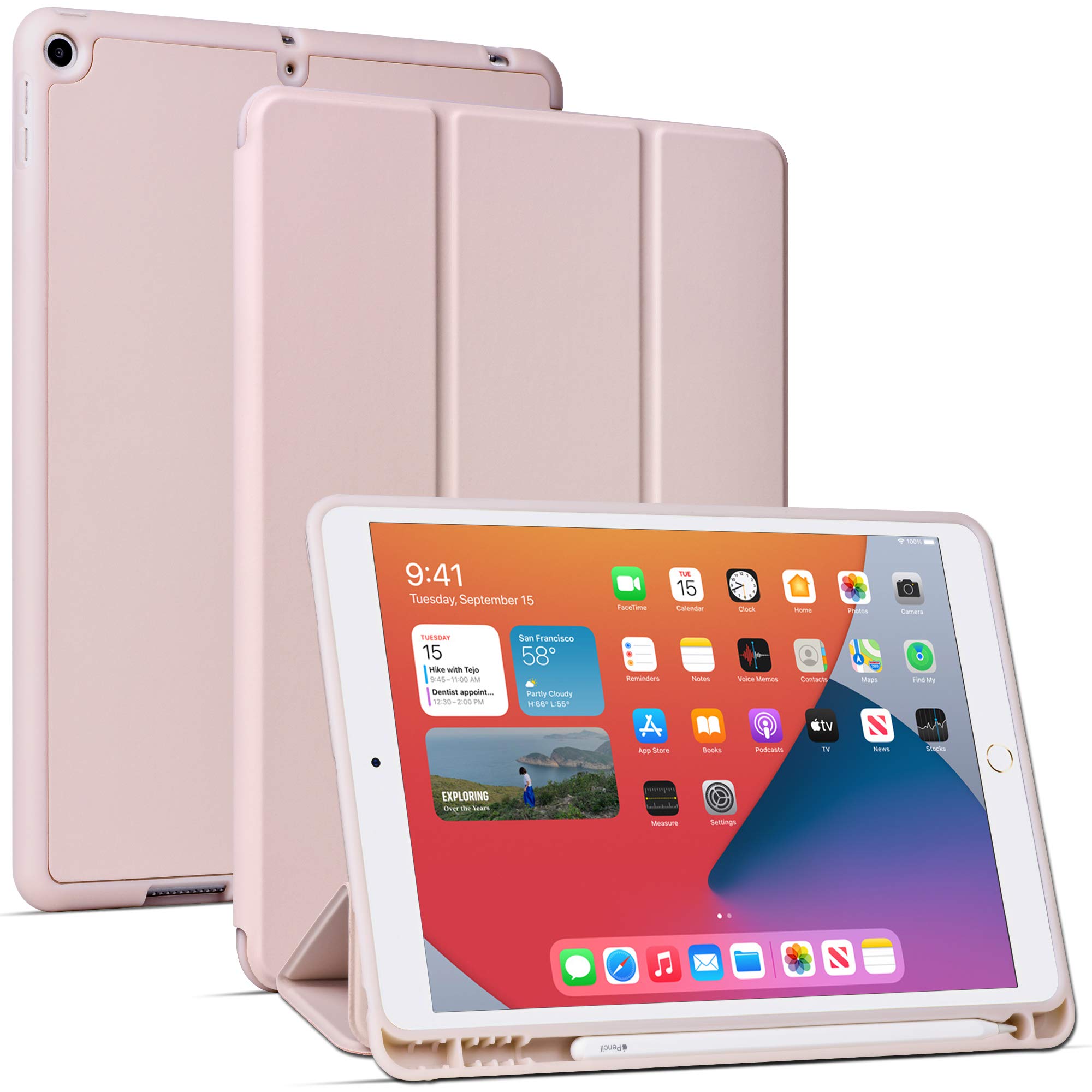 Araefor iPad 10.2 inch Case (9th Generation 2021) &(7th Generation 2019) & (8th Generation 2020) Auto Wake/Sleep Feature Standing Cover, Rosegold
