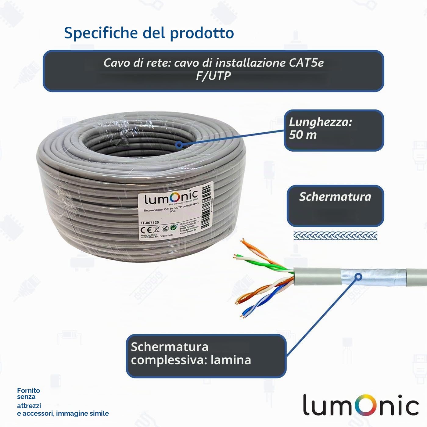 Lumonic 50m Cavo di rete CAT 5e F/UTP I CAT5e-cavo, Gigabit Lan Cavo, Ethernet Cavo I Flexibles Verlegekabel geschirmt, per uso interno fino a 100 MHz