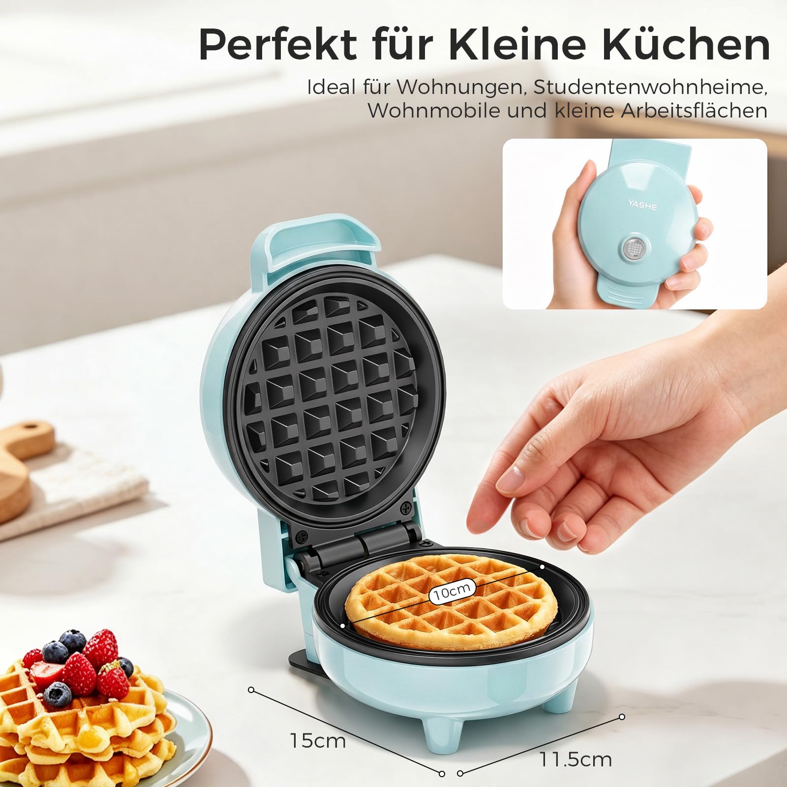 YASHE Mini Waffeleisen, 550W Mini Waffelmaschine mit Antihaftbeschichtung, Kontrollleuchte, Cool-Touch-Griff, Kompaktes Waffeleisen für Frühstück, Desserts & Snacks, Blau