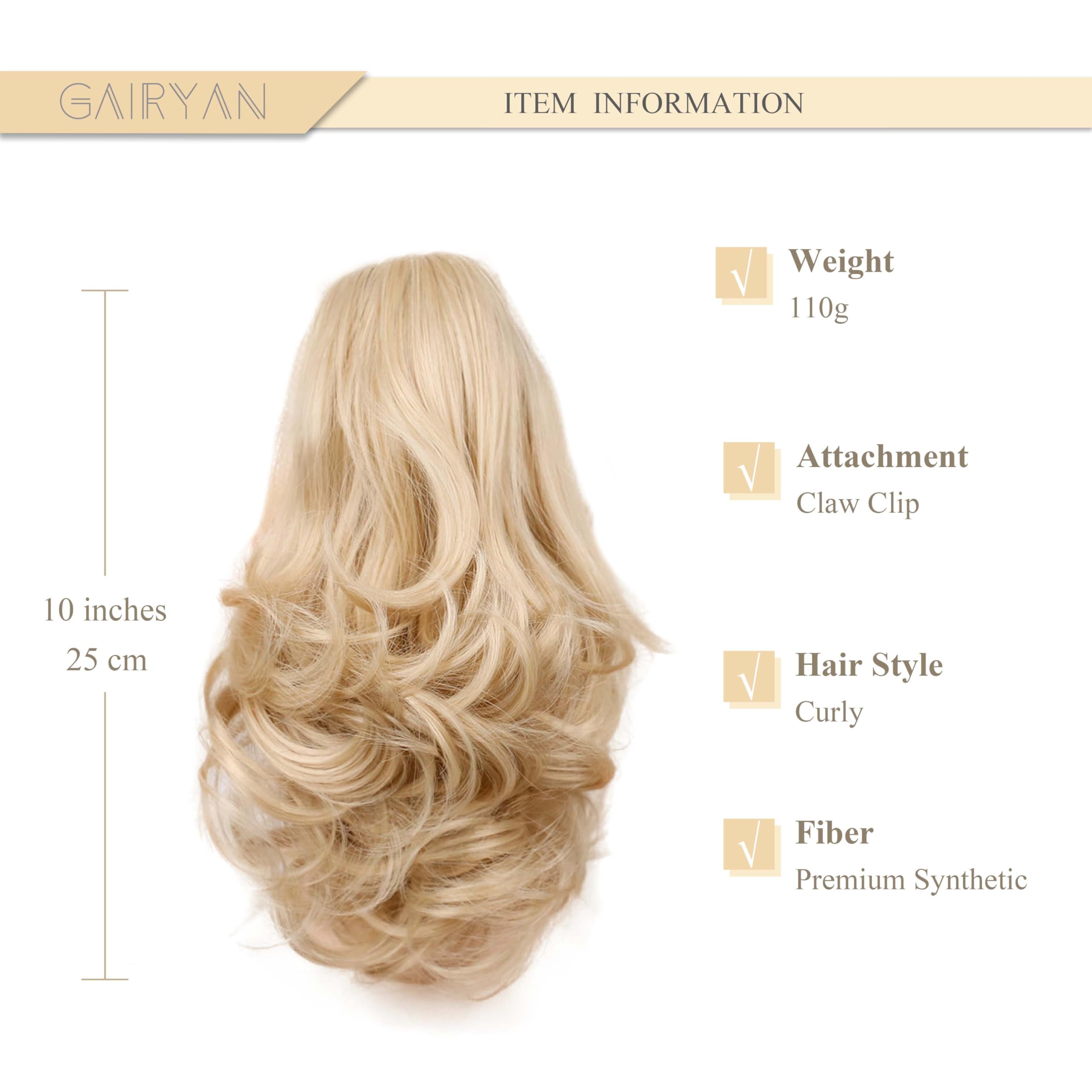 Gairyan 10" Clip in Ponytail Hair Extensions Curly Ponytail Extension Claw on Pony tails Wavy Synthetic Hairpieces for Women Real Natural Short Wave Dirty Blonde mix Bleach Blonde - Image 2