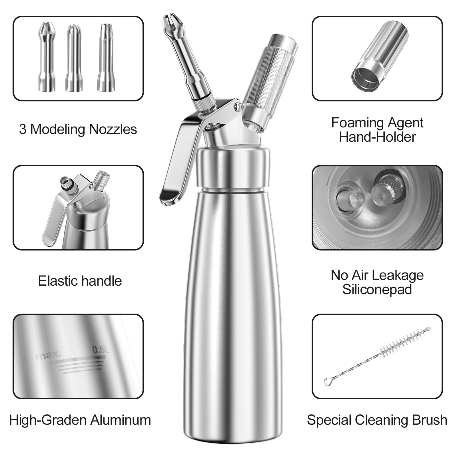 500 ml sifon met room, lekvrij, slagroomdispenser met 3 verschillende