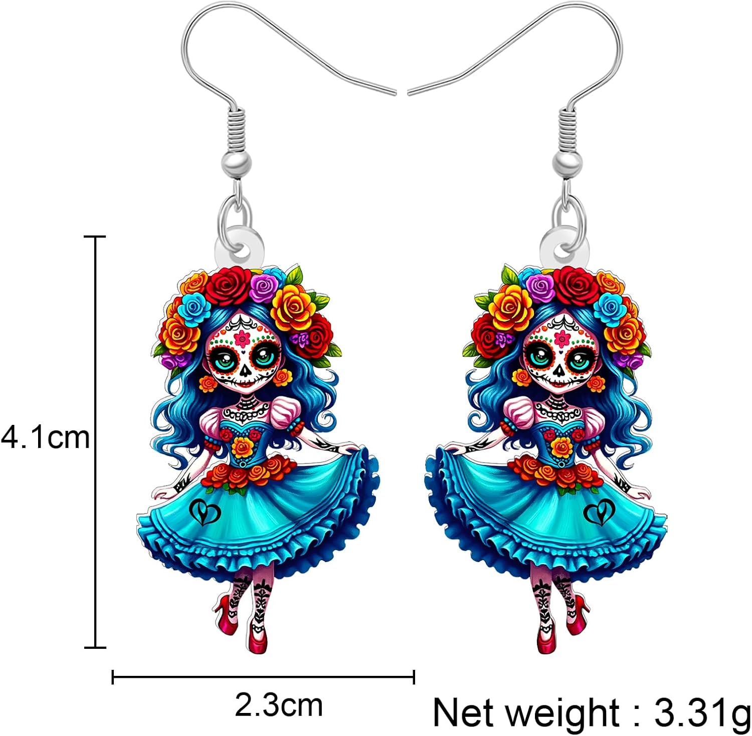 NEWEI Acrylic Horror Day of the Dead Creepy Doll Dangle Earrings Halloween Gifts for Women, Spooky Mexican Voodoo Dolls, Quirky Halloween Costume Jewelry Accessories - Image 5