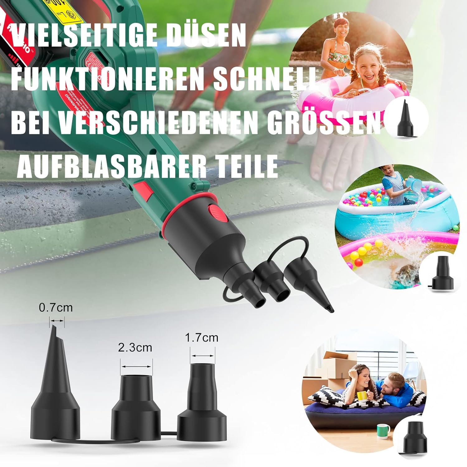 Image showing the three versatile inflatable nozzles of different sizes, demonstrating their use for inflating various items like swimming pools and air mattresses.
