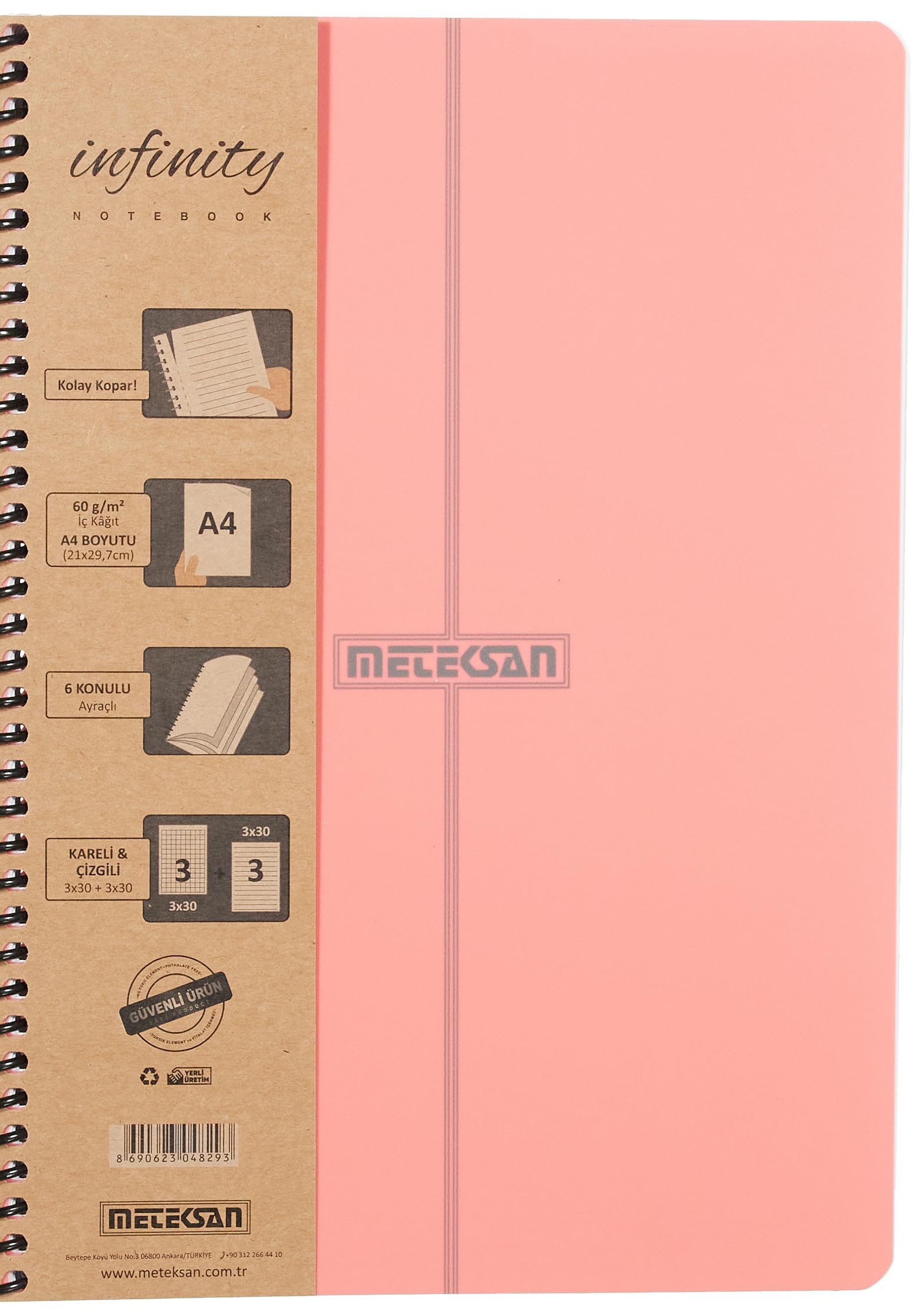 Meteksan Infinity Pastel Serisi, A4, 6 Konulu (3 Kareli, 3 Çizgili) 180 Yaprak PP Kapaklı Spiralli Defter, Pembe