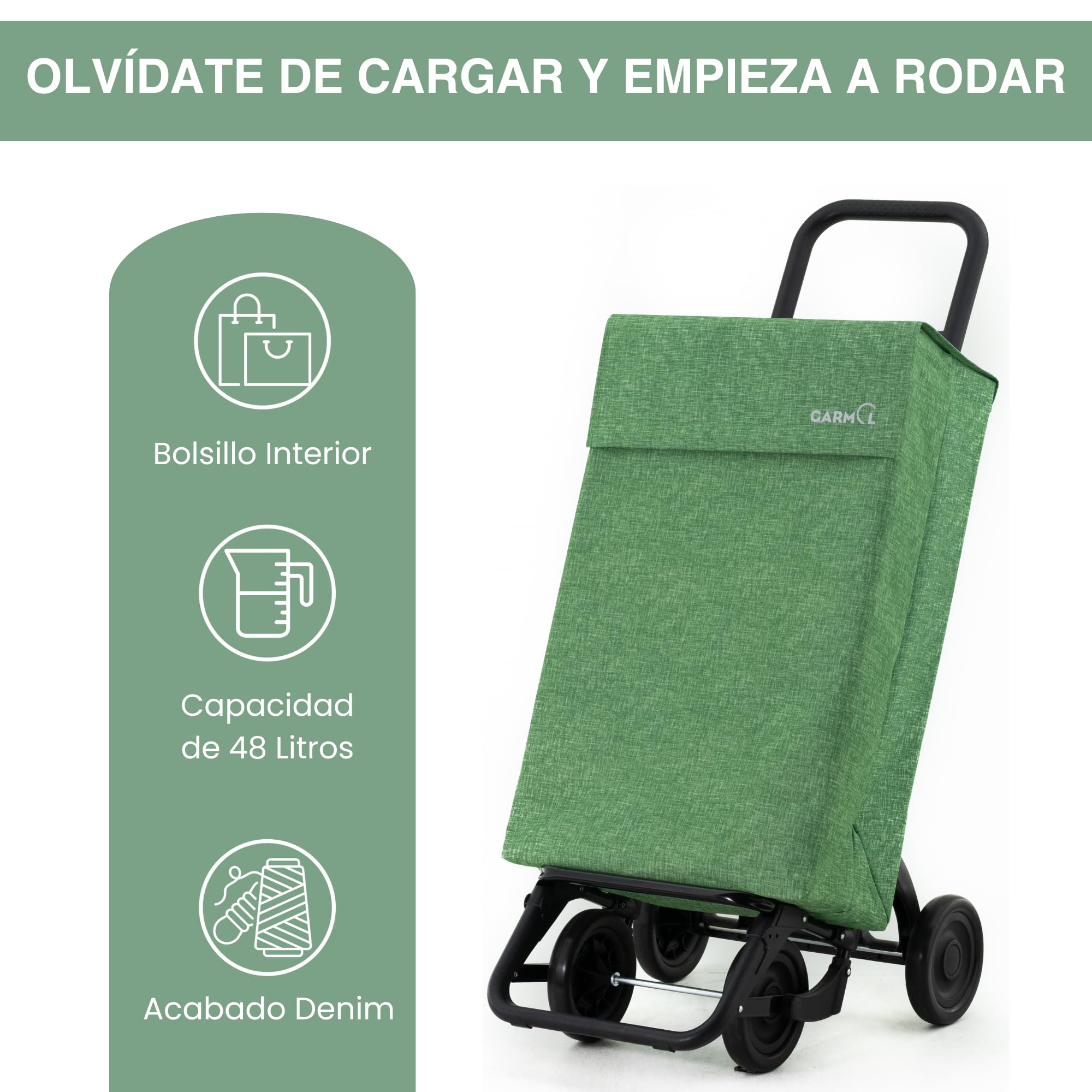 GARMOL Carro de la Compra Plegable 48 litros | Carro de la Compra 4 Ruedas Gran Capacidad | Carrito Compra 4 Ruedas Plegable Color Verde