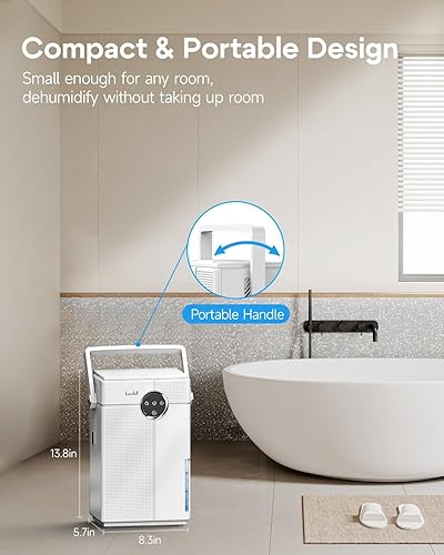 Miniatura 9 de Deshumidificador pequeño con manguera de drenaje, deshumidificador portátil para baño, deshumidificadores de 118 onzas para el hogar, 800 pies