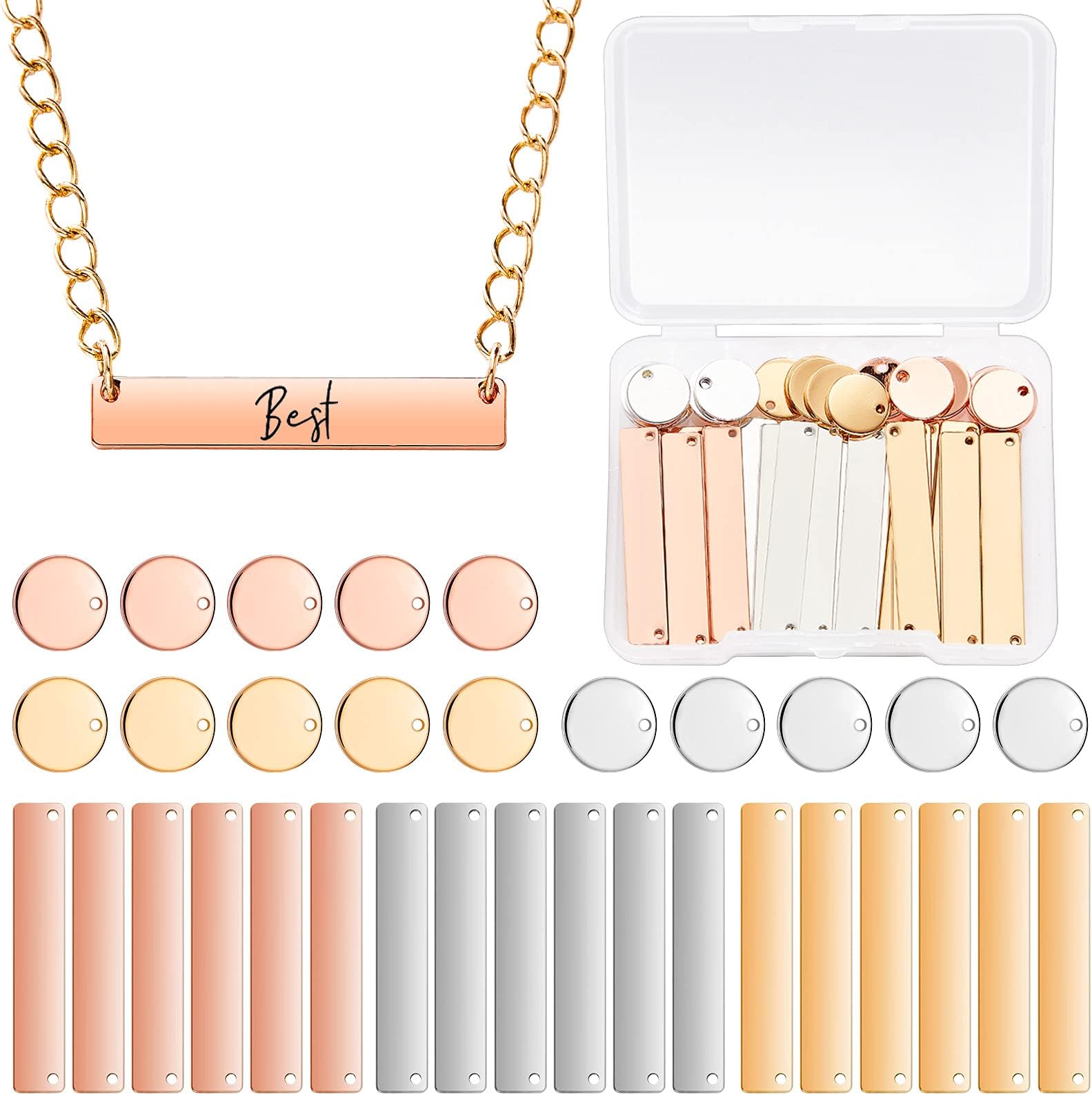 30 Pcs Metal Stamping Blank Tag Pendants, Jewelry Bracelet Stamping Blanks 1.37 x 0.24 rectangle & 0.47" Round Name Pendant Kit for Laser Engraving Dog Tags DIY Craft