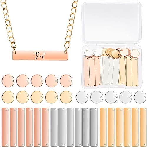 Hicarer 30 piezas de colgantes en blanco para estampado de metal, etiquetas para grabado en joyería, incluye 15 barras en blanco para estampado