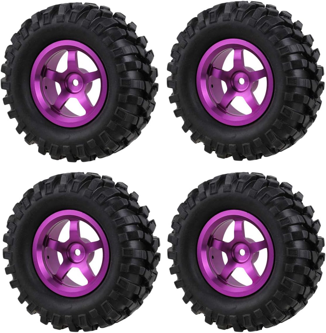 96mm RC Tires and 5 Spokes Aluminium Alloy Wheels Rims for 1/10 Scale RC Rock Crawler Car SCX10 D90 (Purple)
