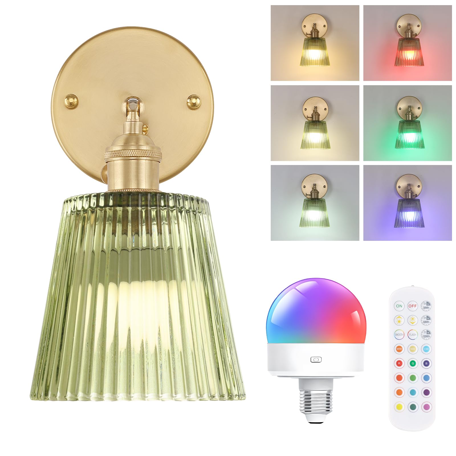 Shenmoyl Vintage Battery Operated Wall Sconce with Green Stripe Glass Lampshade Rechargeable Battery Powered Wall Light with Remote Control for Bedside Bedroom Doorway