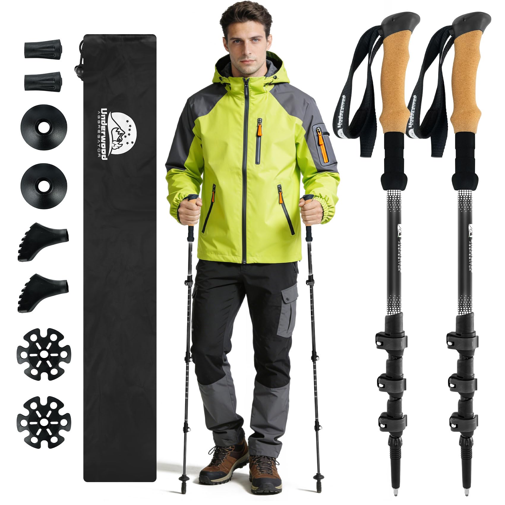 UnderwoodAggregator Carbon Trekkingstöcke – 2 Stück, teleskopierbar, verstellbar, mit Korkgriffen und Schnellverschluss – ideal für Damen, Herren, Rucksackreisen und Trailrunning