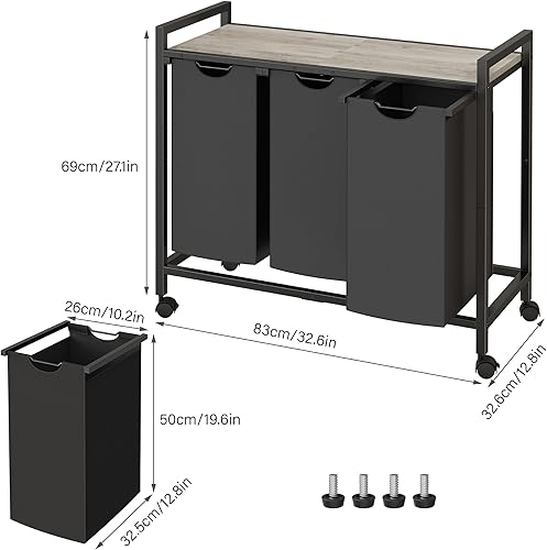 Miniatura 7 de Homedawn Cesta de lavandería, cesta de lavandería, clasificador de ropa con 2 bolsas extraíbles y extraíbles, estante, almacenamiento de lavandería