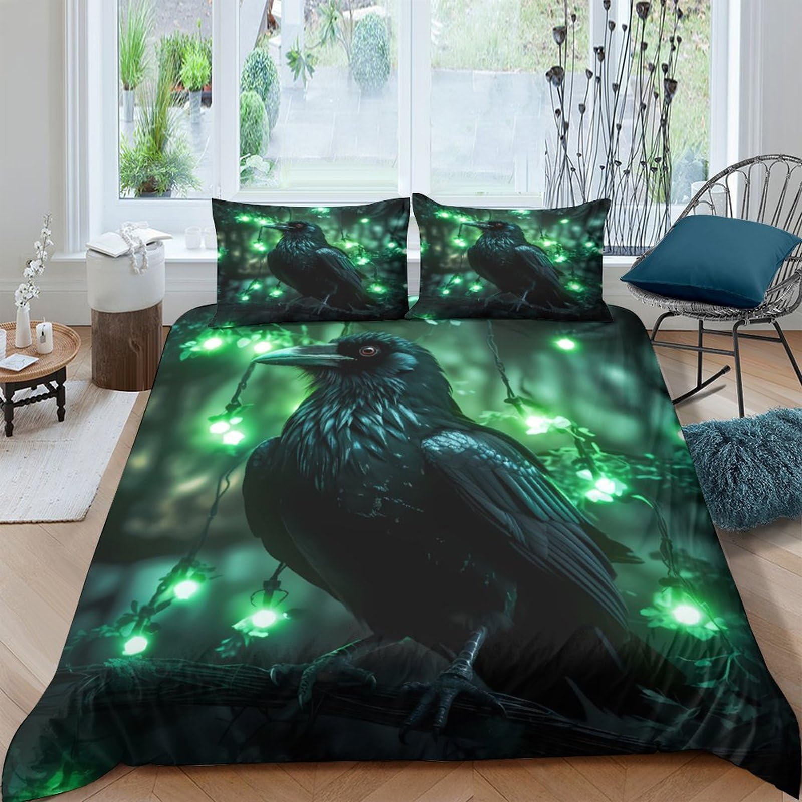 Ctjqhvkz Style-3 3D Printed Raven Forest Fitted Sheet Microfiber Soft Black Green Firefly Mattress Cover For Bedroom Guest Room Single（135X200cm）