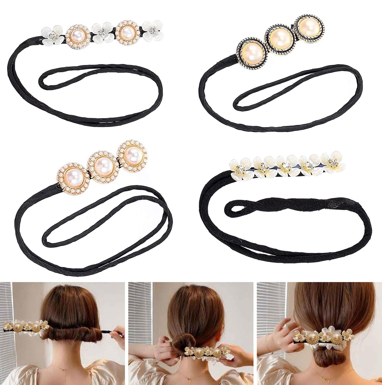4PCS Hair Bun Maker,Lazy Flower Hairpin,Ponytail Twist Tool Set, Lazy Curl Accessory, Quick Styling Tool, Flexible Curl Accessory for Ladies and Girls Hairstyles