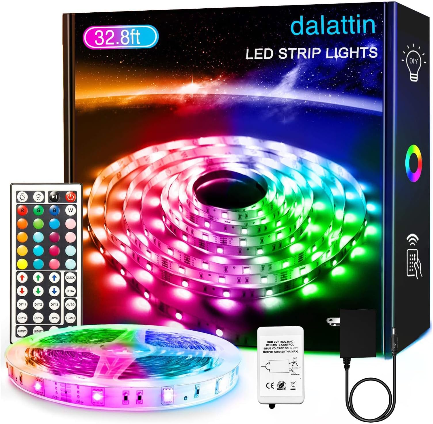 dalattin 32.8ft Led Strip Lights,RGB Led Lights for Bedroom Color Changing Light,Decoration for Bedroom Room Party,Halloween Decor with 44 Keys Remote,1 Roll of 32.8ft