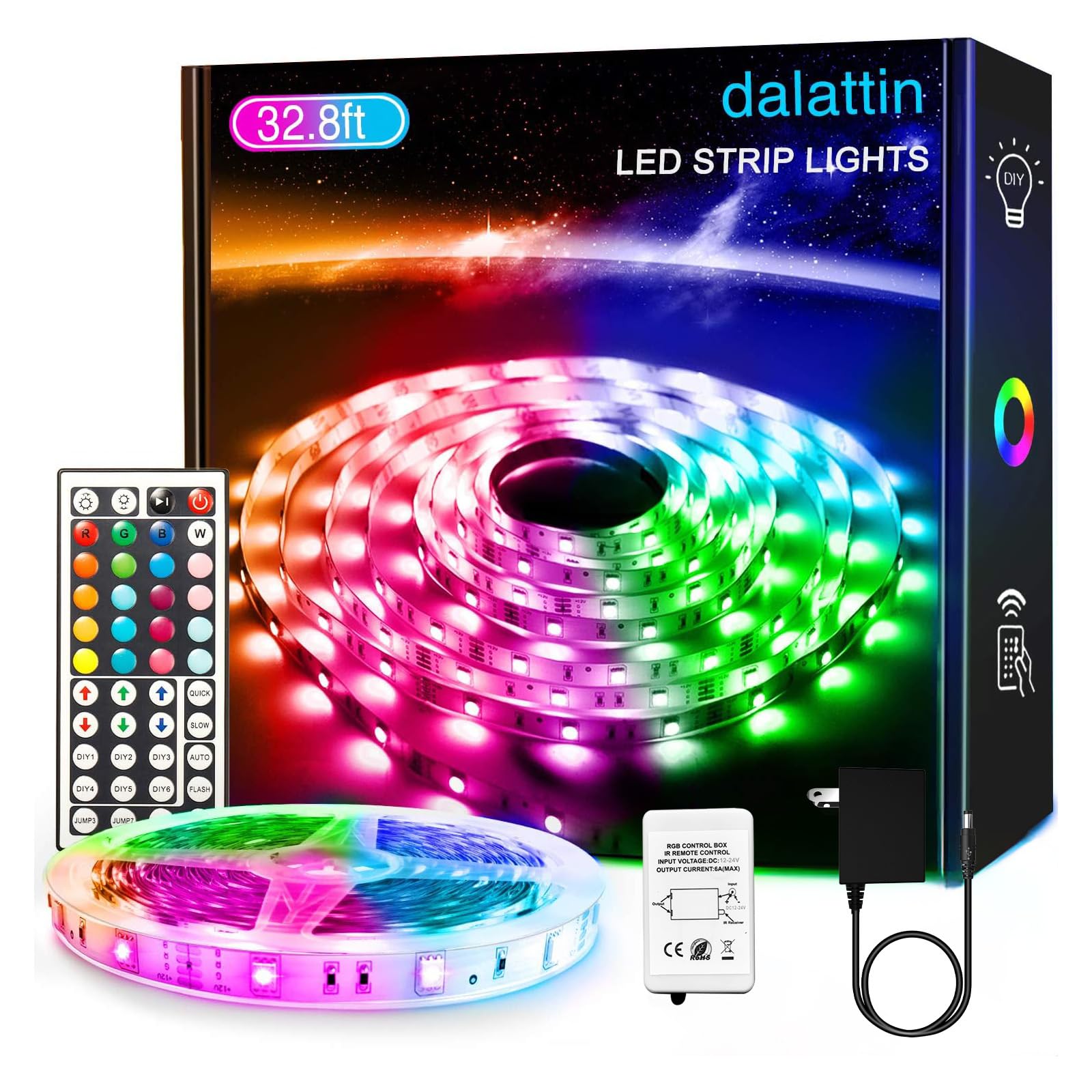 32.8ft Led Strip Lights,RGB Led Lights for Bedroom Color Changing Light,Decoration for Bedroom Room Party,Halloween Decor with 44 Keys Remote,1 Roll of 32.8ft
