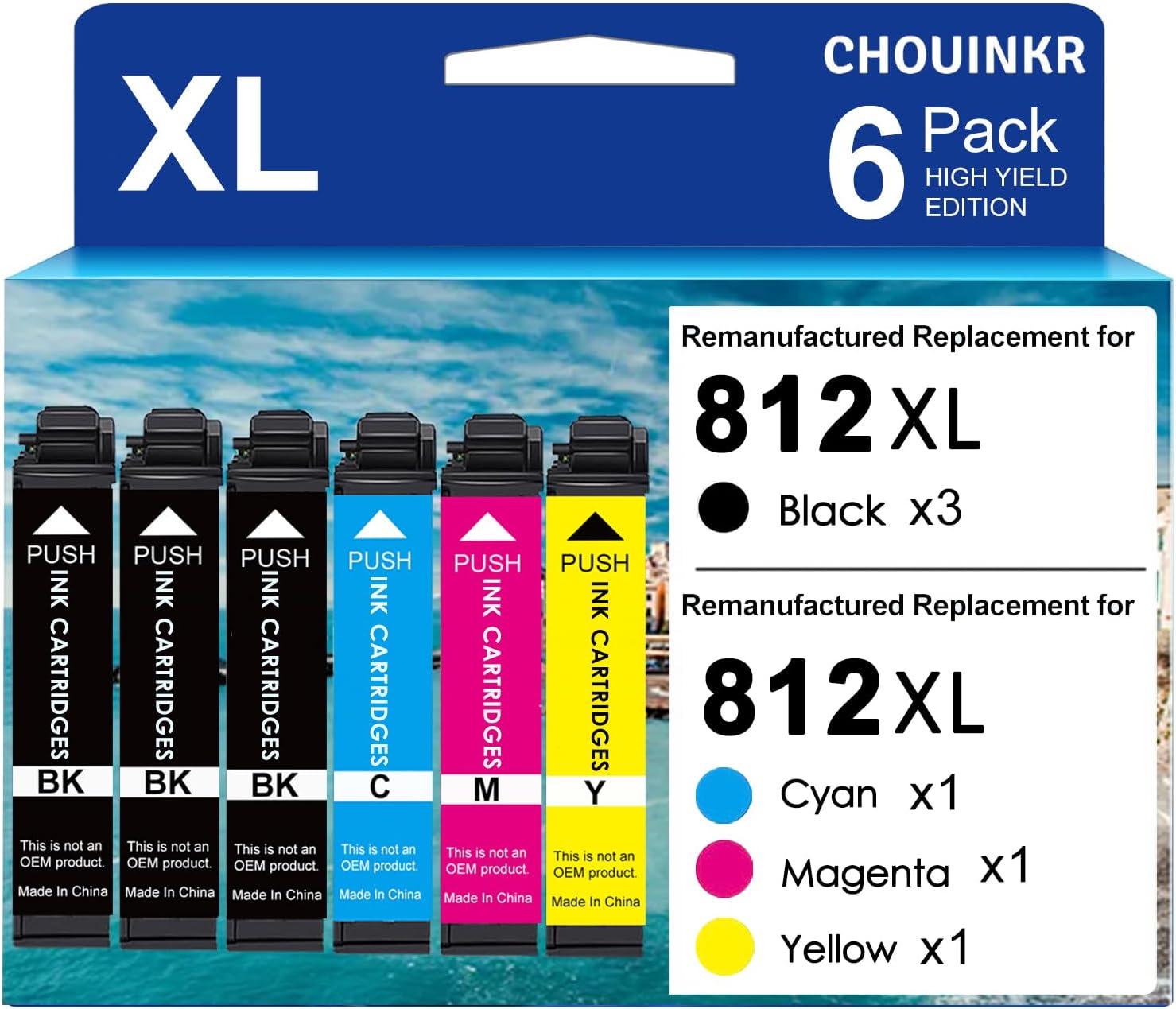 Remanufactured Ink Cartridge Replacement for Epson 812XL Ink Cartridges 812 with Workforce Pro WF-7310 WF-7820WF-7840 EC-C7000 Printer (3 Black Cyan Magenta Yellow)