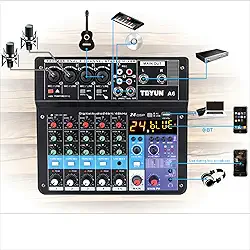 Mixer de áudio profissional,6/7/8/12 canais Mixer de placa de som com Bluetooth, entrada USB para PC Fonte de alimentação fantasma de 48V para música, Podcast, Produção (6 canais)