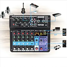 Mixer de áudio profissional,6/7/8/12 canais Mixer de placa de som com Bluetooth, entrada USB para PC Fonte de alimentação fantasma de 48V para música, Podcast, Produção (6 canais)