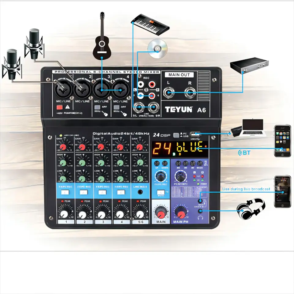 Mixer de áudio profissional,6/7/8/12 canais Mixer de placa de som com Bluetooth, entrada USB para PC Fonte de alimentação fantasma de 48V para música, Podcast, Produção (6 canais)