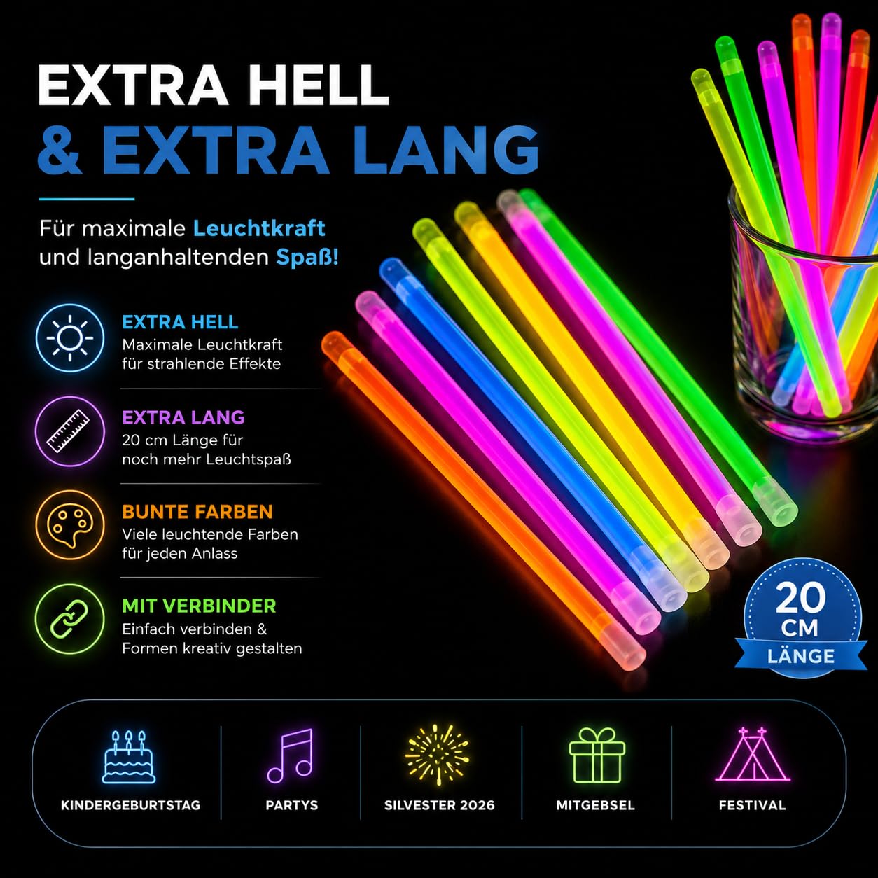 PYROHELD 1000x Knicklichter - Leuchtstab - extra Hell & Lang - in bunten Farben für Kindergeburtstag, Party, Silvester, Mitgebsel, Festival, Geburtstag - Glow Sticks mit Verbinder (1000)