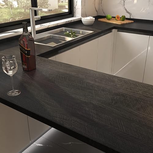 Miniatura 5 de Papel de contacto negro con patrón de espina de pescado de 15.7 x 393 pulgadas, papel tapiz de madera para despegar y pegar, papel tapiz