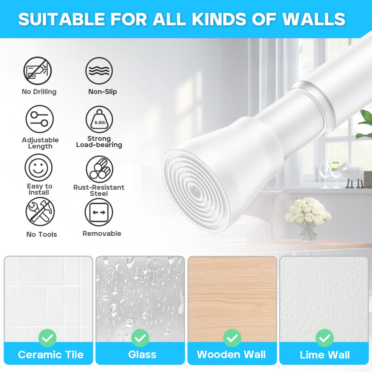 AIZESI Lot de 2 tringles à rideaux extensibles à ressort de 71 à 122 cm, tringle à rideaux réglable antidérapante, sans perçage pour fenêtre, salle de bain, porte - Blanc