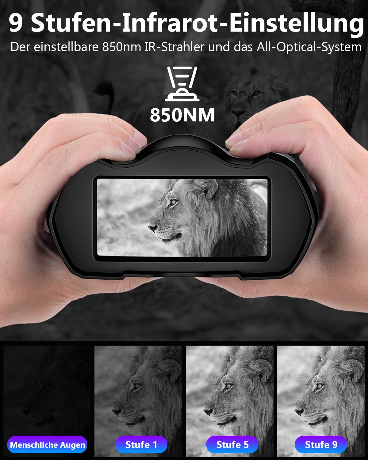 WARMTUYO Fernglas mit Nachtsicht, Infrarot-Fernglas, 4 K, Nachtsicht, 4000 mAh, wiederaufladbar, 10-facher digitaler Zoom, HD-Display 3,5 Zoll, 9 IR-Stufen für Jagd, Beobachtung, Camping