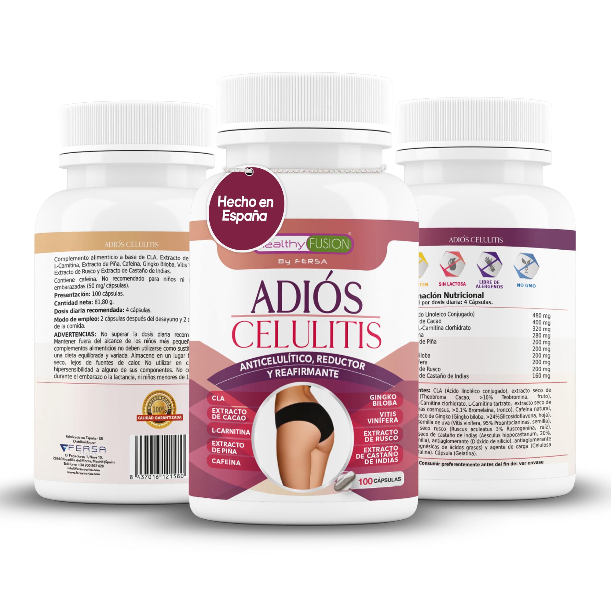 Adiós Celulitis Healthy Fusion | Anticelulítico Reductor Potente con L-Carnitina, Castaño de Indias, CLA, Cafeína, Cacao | Elimina celulitis y piel de naranja | Reafirma y tonifica la piel | 100 Caps