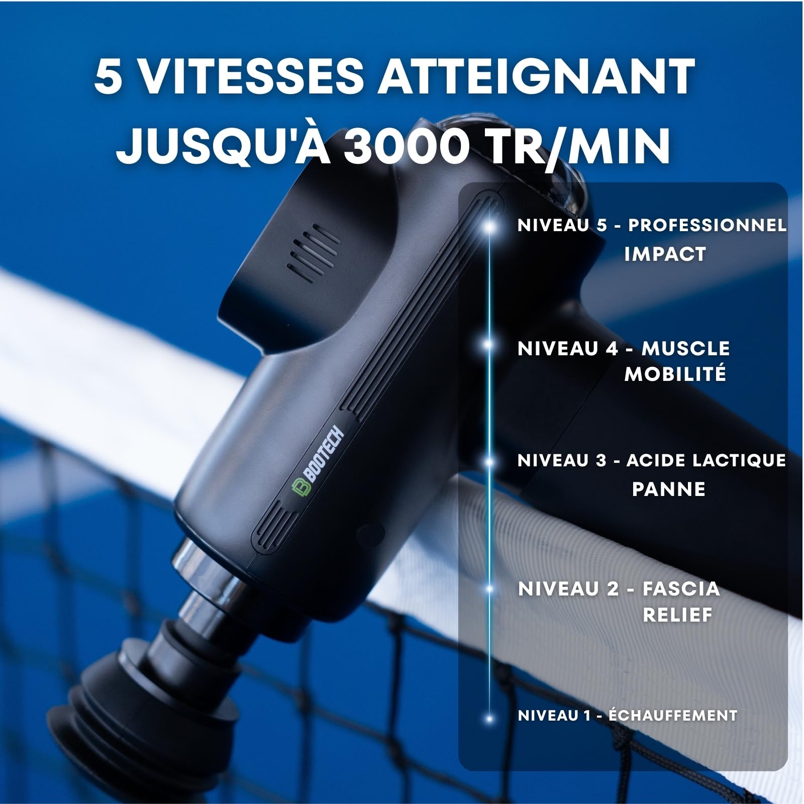 BOOTECH Pistolet de massage musculaire professionnel à tissus profonds avec 10 mm d'amplitude, massage pistolet silencieux avec 5 têtes et 5 vitesses pour récupération sportive, soulagement de la