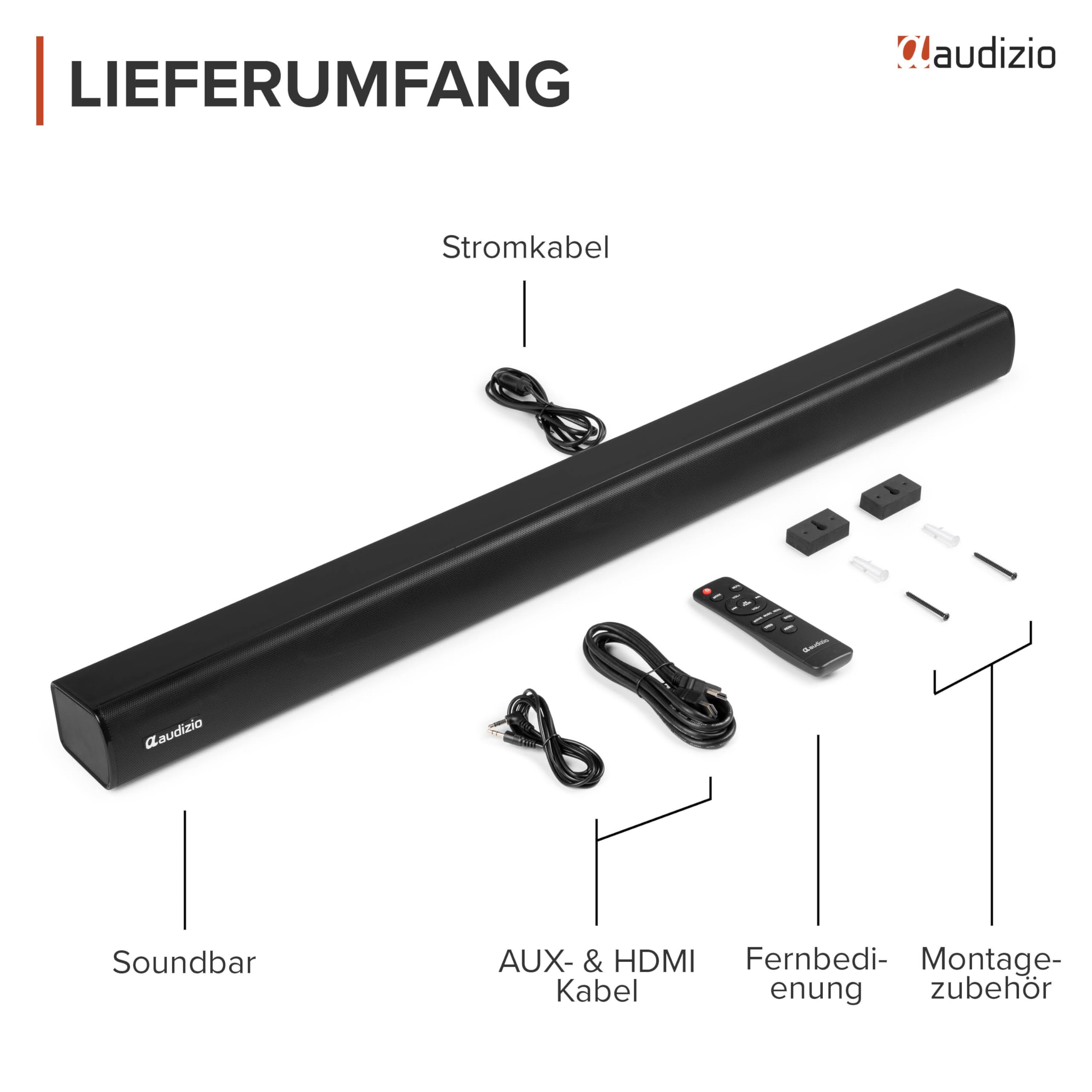Audizio SB90 TV Soundbar Bluetooth - Heimkino Soundsystem 90W | Bluetooth 5.3 | HDMI ARC | Optisch | 90 cm Soundbar TV Lautsprecher für Fernseher, Fernbedienung, Schwarz