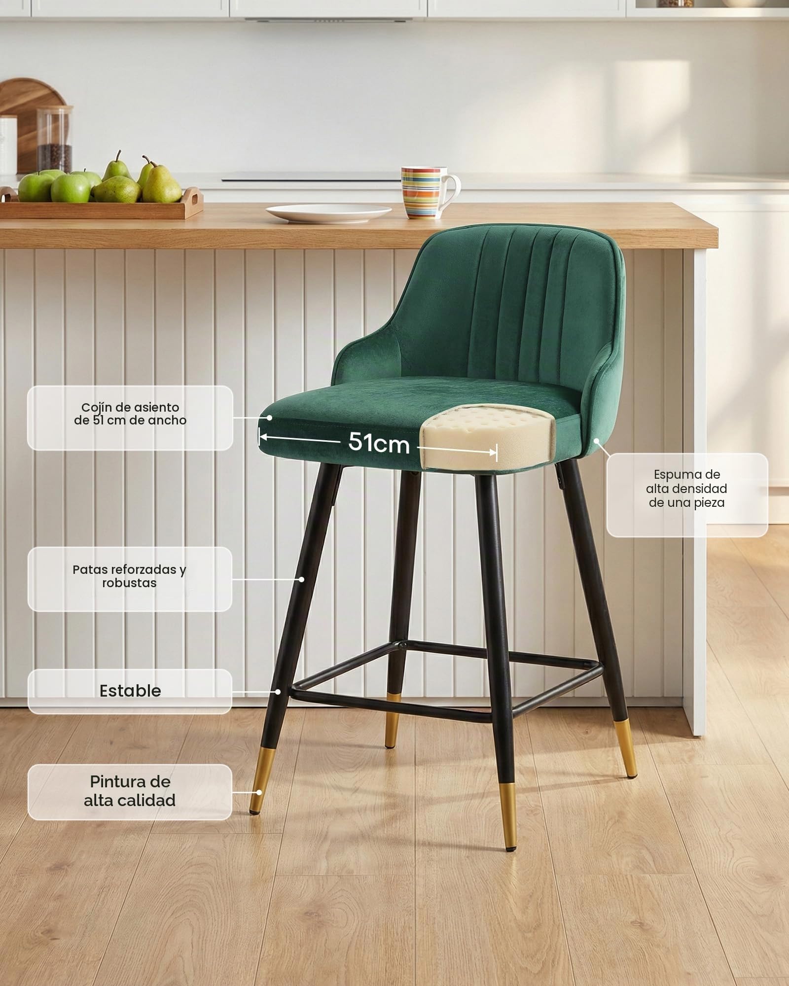 Bekrvio Juego de 2 taburetes de bar de terciopelo, Silla giratoria de 360°, Altura ajustable a 65 cm, Silla de bar tapizada con respaldo, Taburete de cocina moderno para cocina, mostrador, bar
